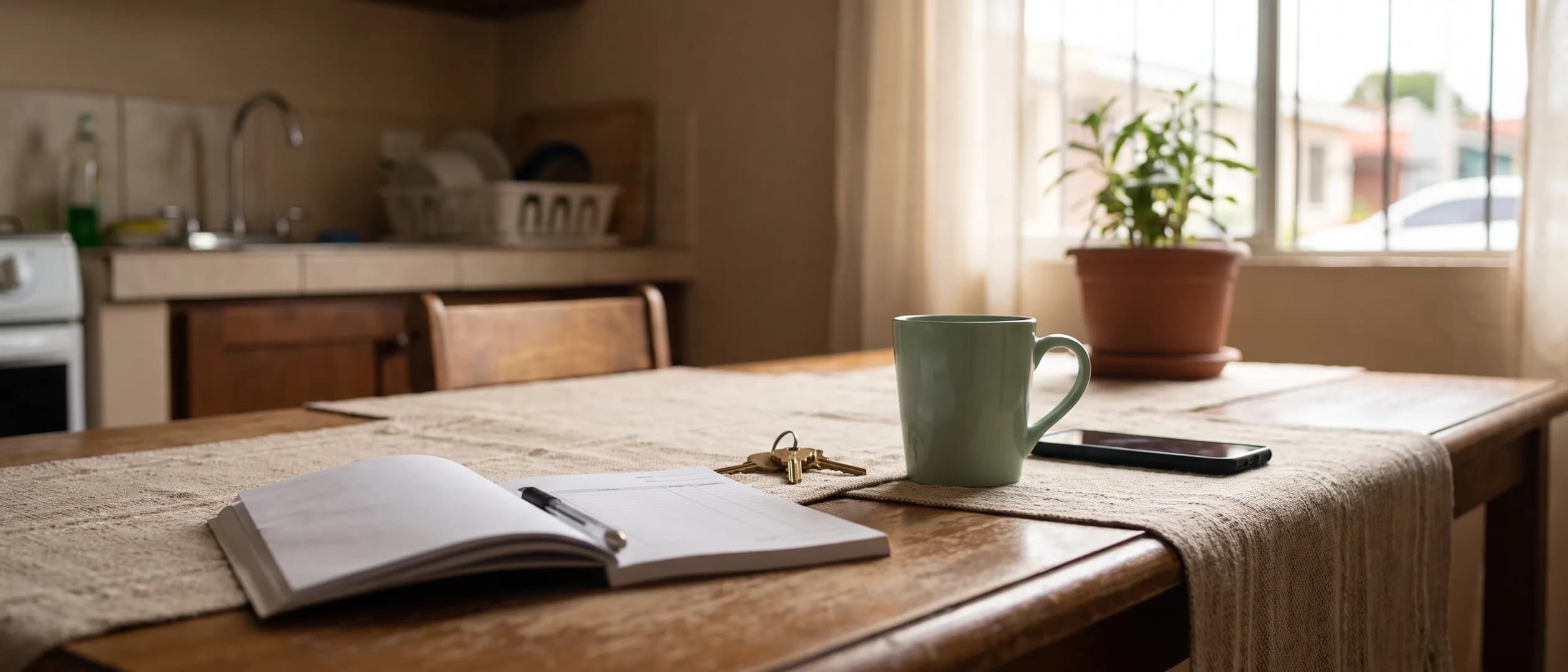 A wooden kitchen table by a window with a folded receipt, a set of keys, a phone face down and a mint-green cup.