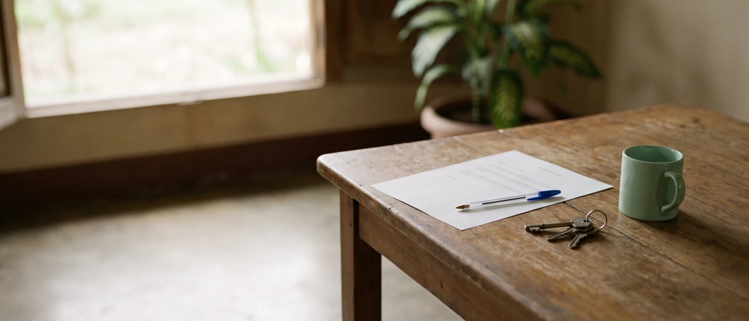 A wooden desk by a window with a printed lease, a blue pen, a set of keys, a plant and a mint-green cup.