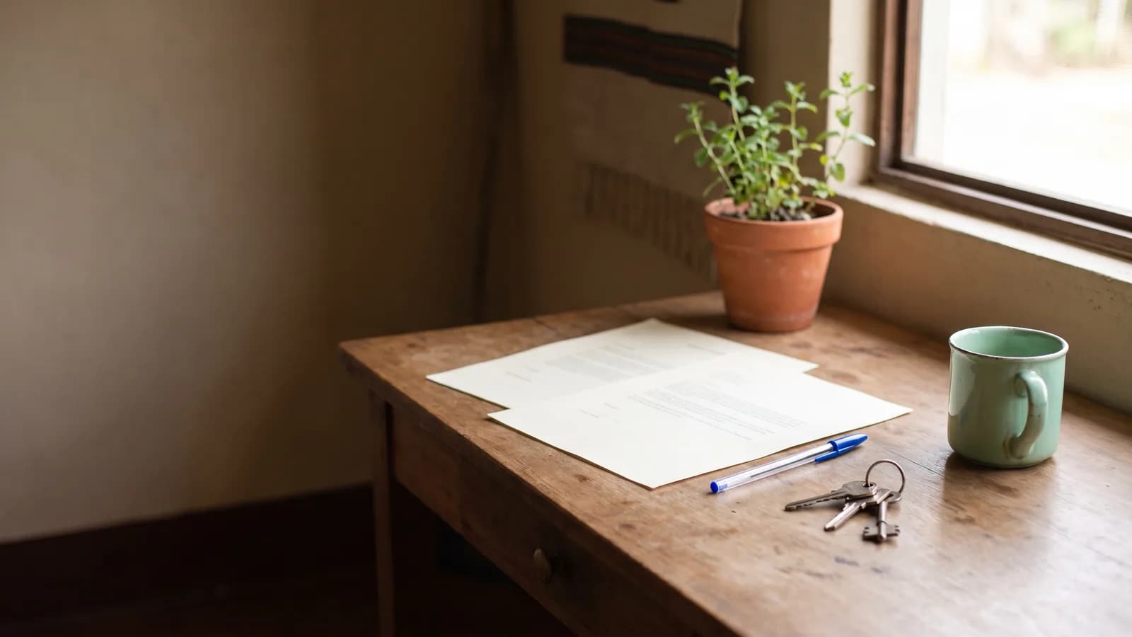 A wooden desk by a window with a printed lease, a blue pen, a set of keys, a plant and a mint-green cup.