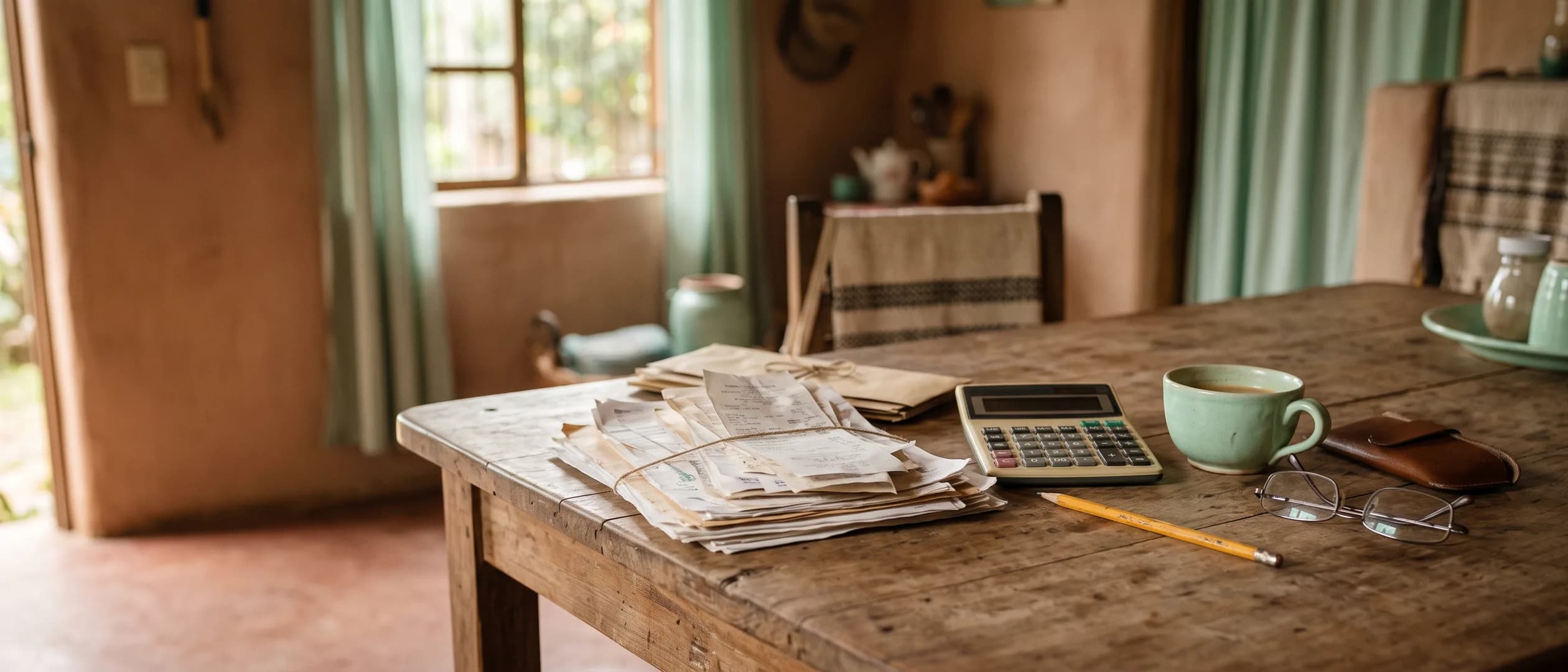 A wooden table with a clipped stack of receipts, a calculator, a pencil, a pair of glasses and a mint-green cup.