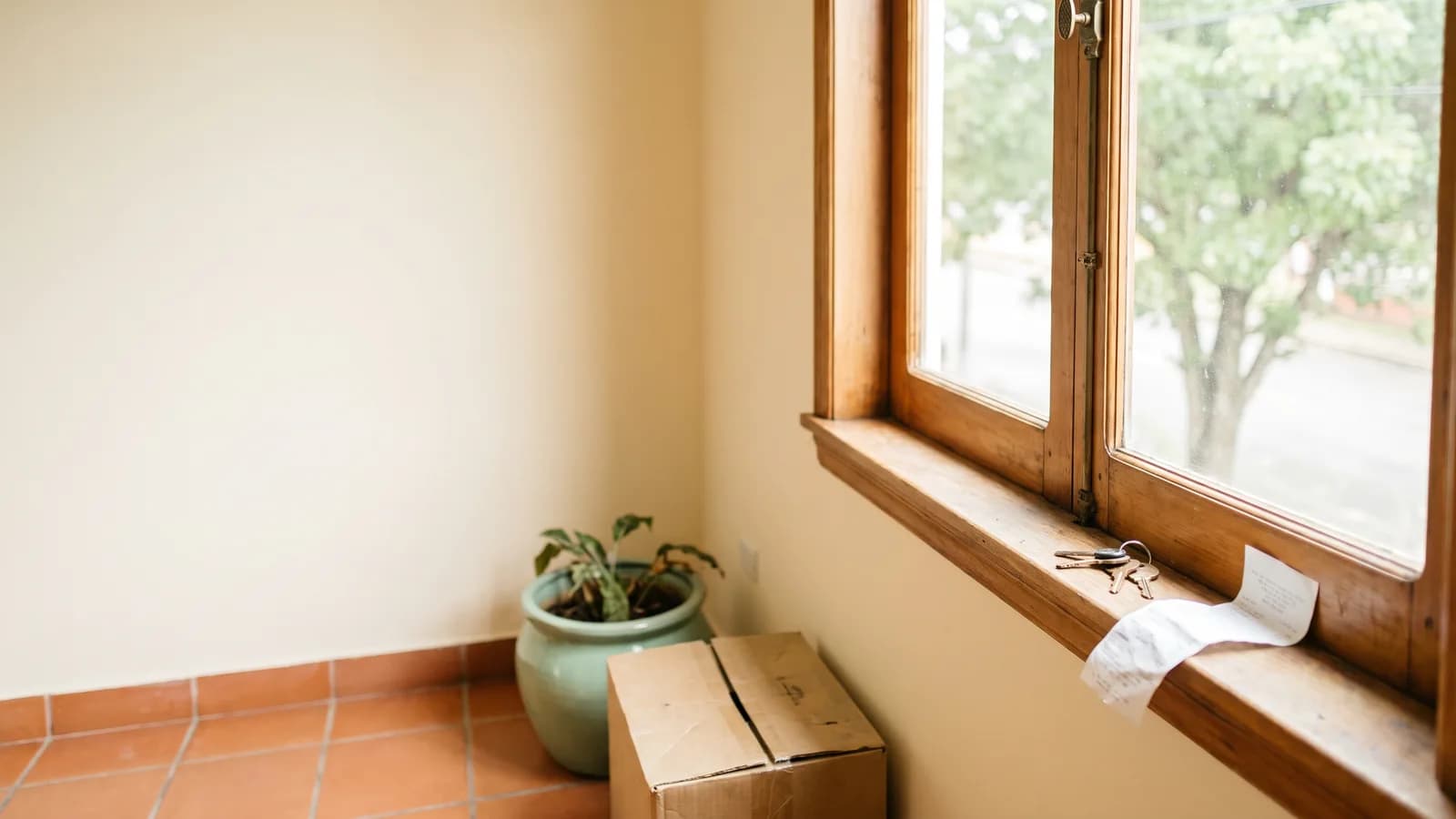 A freshly painted empty room with a tile floor, keys and a folded receipt on the windowsill, a cardboard box and a mint-green plant pot.