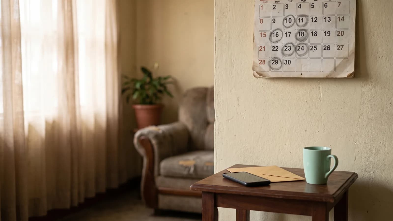 A simple living room with a wall calendar marked in pencil and a side table holding a phone face down, an envelope and a mint-green mug.