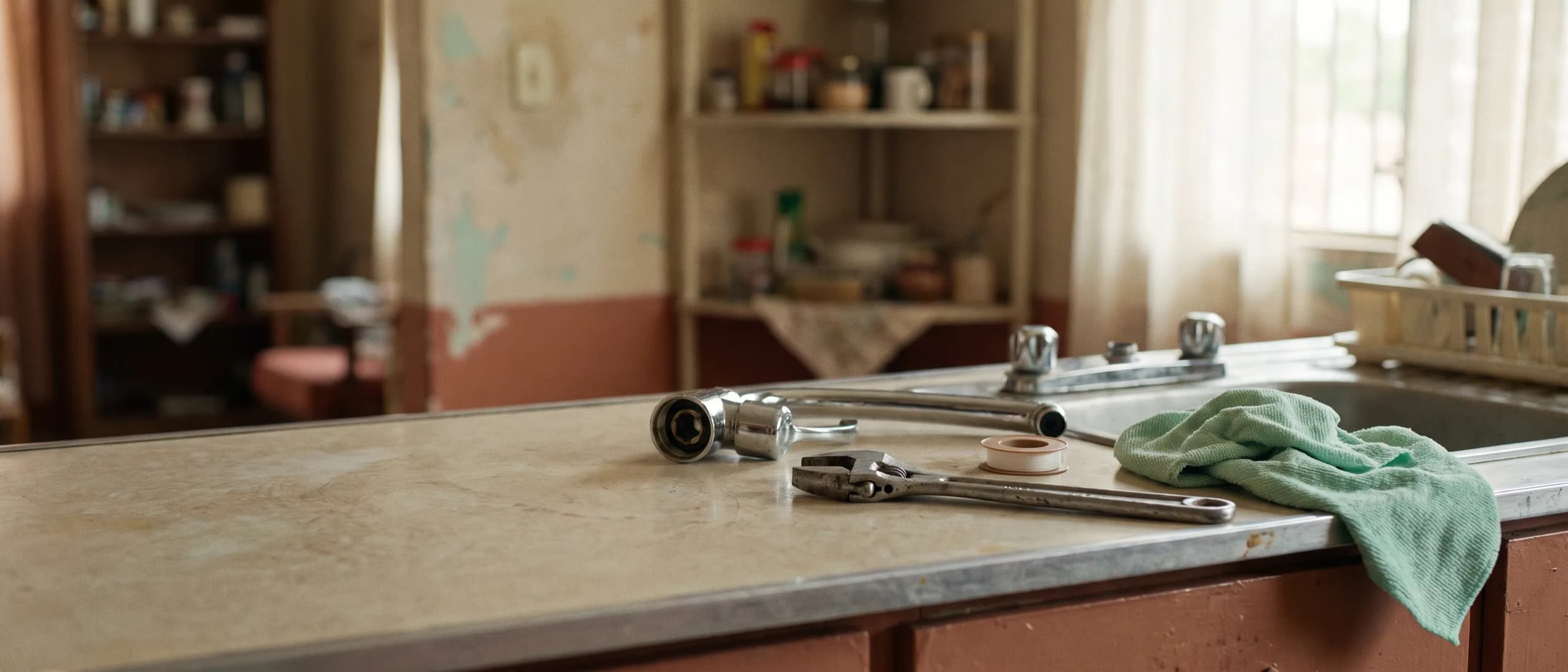A kitchen sink with a dripping chrome tap, an adjustable wrench and plumber's tape on the counter, and a mint-green cloth.