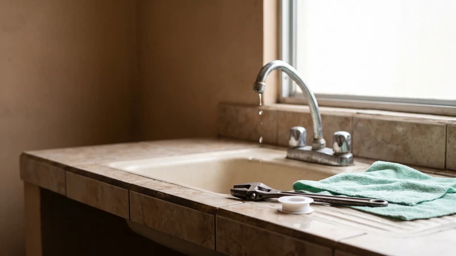A kitchen sink with a dripping chrome tap, an adjustable wrench and plumber's tape on the counter, and a mint-green cloth.