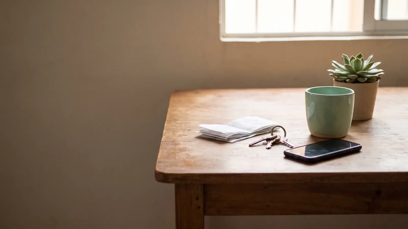 A wooden kitchen table by a window with a folded receipt, a set of keys, a phone face down and a mint-green cup.