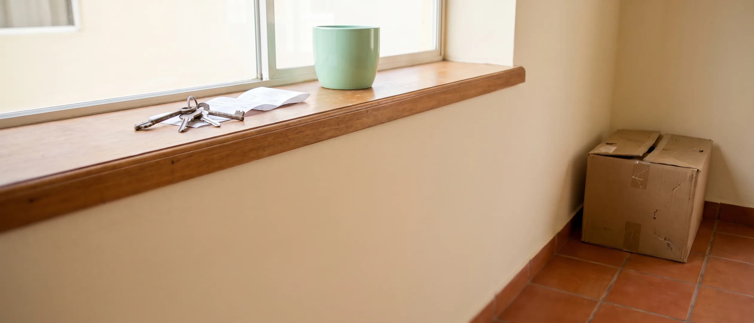 A freshly painted empty room with a tile floor, keys and a folded receipt on the windowsill, a cardboard box and a mint-green plant pot.