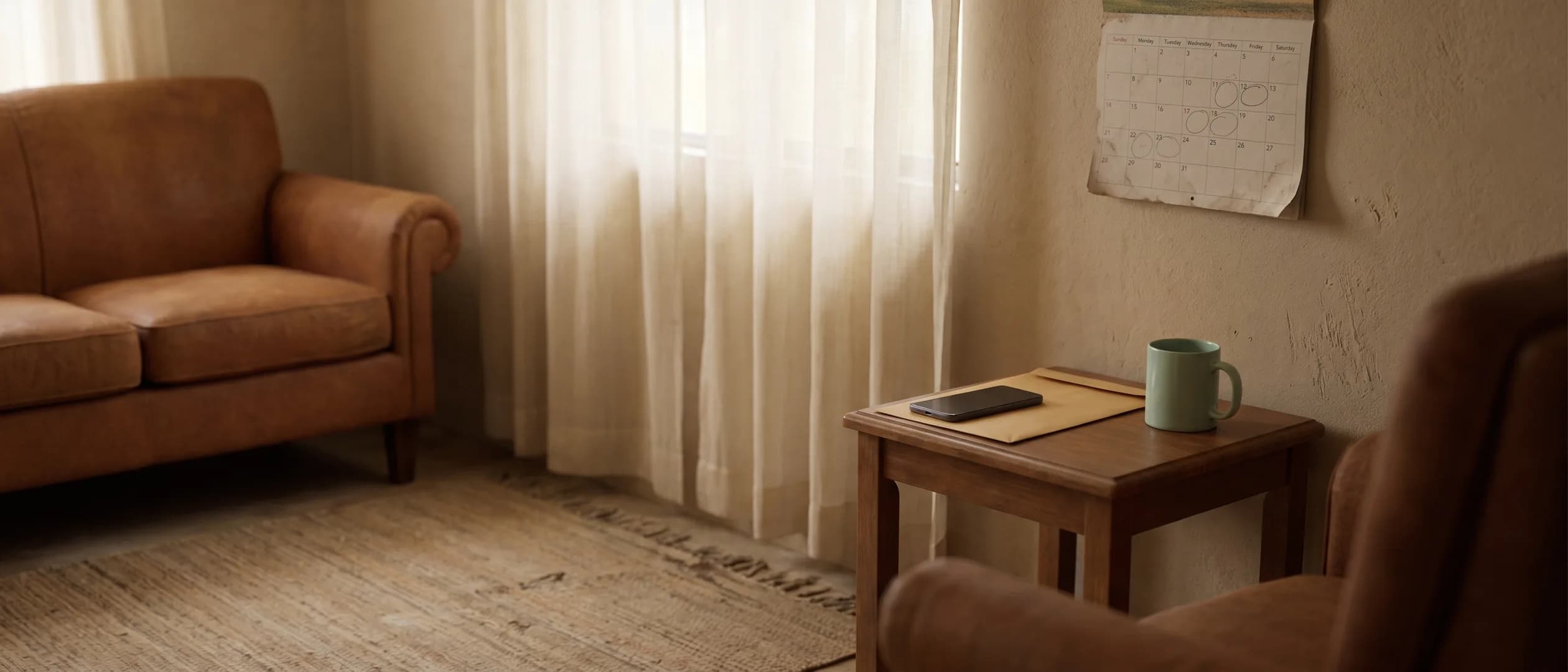 A simple living room with a wall calendar marked in pencil and a side table holding a phone face down, an envelope and a mint-green mug.
